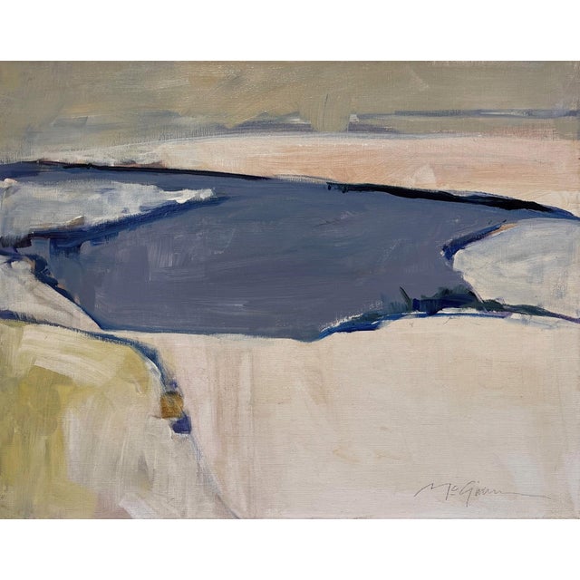 Winter by Peggy McGivern | Oil on Canvas Abstract winter landscape with snow and a dark water body. For Sale