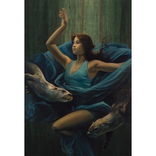 Calm in the Chaos by Terra Novak | Oil on wood Woman in blue with otters in a serene setting For Sale