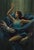 Calm in the Chaos by Terra Novak | Oil on wood Woman in blue with otters in a serene setting For Sale