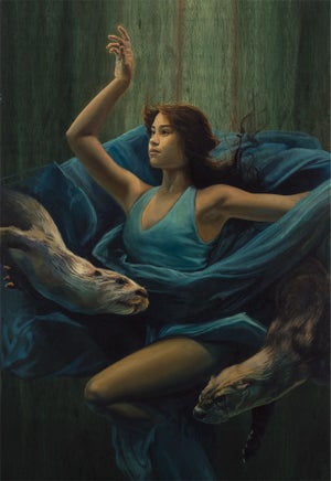 Calm in the Chaos by Terra Novak | Oil on wood Woman in blue with otters in a serene setting