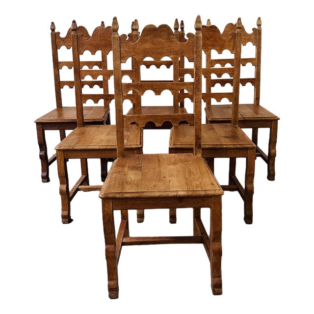Vintage Oak High-Back Dining Chairs, Set of 6 For Sale