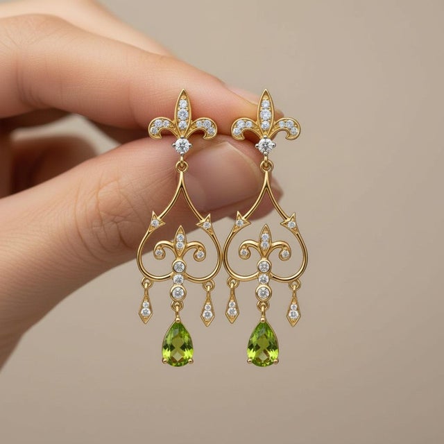 Fleur De Lis Chandelier Earrings Studs With Peridot in Silver, Gold, A Pair For Sale - Image 4 of 6