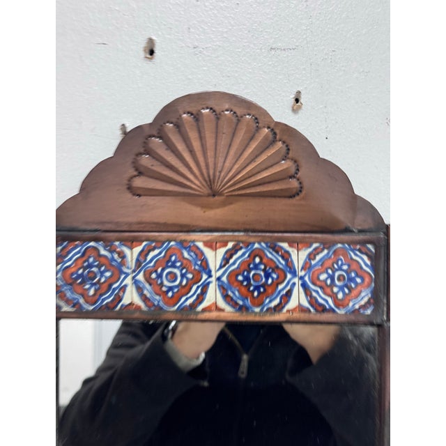 Mexican Folk Art Handcrafted Embossed Tin + Hand Painted Tile Mirror For Sale - Image 11 of 12