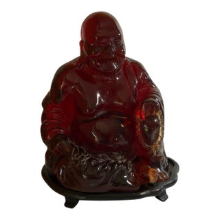 Vintage Mid-Century Large Translucent Red Resin Laughing Buddha Statue on Carved Wood Base China C. 1960s For Sale