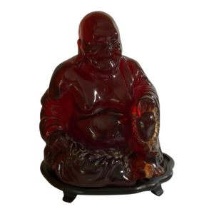 Vintage Mid-Century Large Translucent Red Resin Laughing Buddha Statue on Carved Wood Base China C. 1960s
