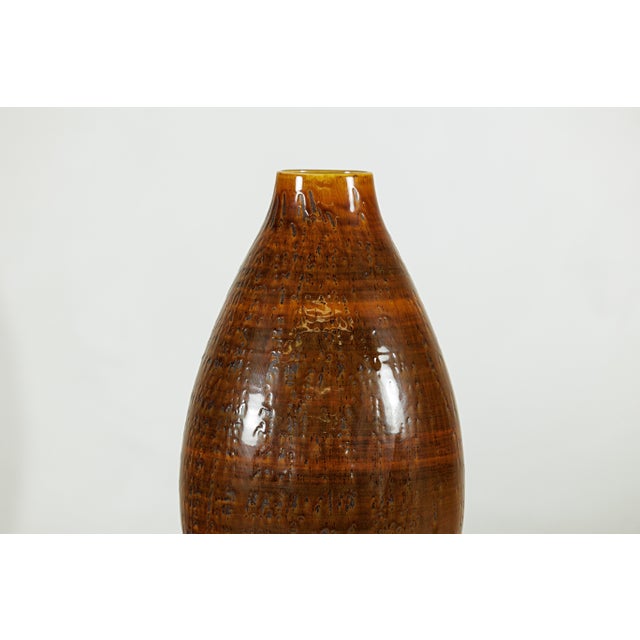 Large Artisan Ceramic Vase with Textured Amber-Brown Glaze and Teardrop Form For Sale - Image 18 of 18