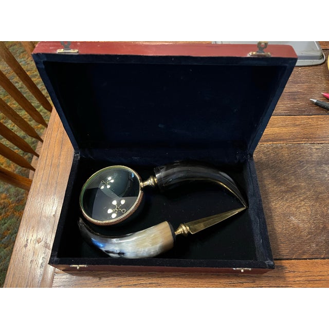 Vintage Letter Opener and Magnifying Glass With Polished Horn Handles, Copper and Brass Trim With Wood Case. For Sale In Tulsa - Image 6 of 12