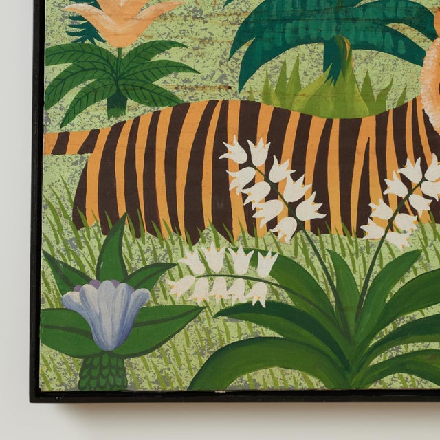 Green Vintage Naive Painting of a Tiger and a Lion in a Jungle Signed Cadena For Sale - Image 8 of 11