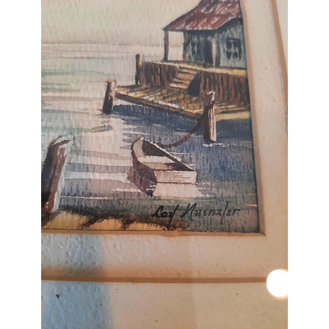 Late 20th Century Vintage Framed Watercolor Boats Dock Painting Signed For Sale - Image 5 of 6