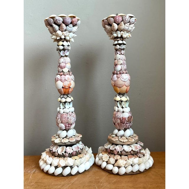 Off-white Vintage Shell Encrusted Candle Holders - Pair For Sale - Image 8 of 12