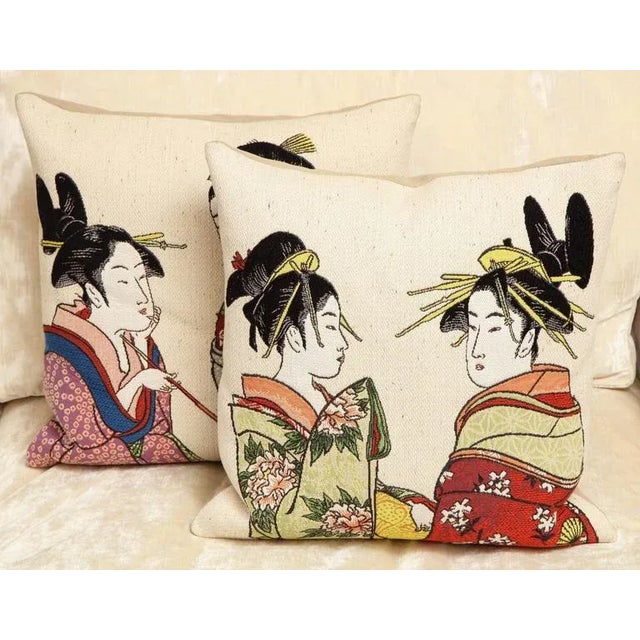 Japanese 2019 International Style Japanese Women Tapestry Cotton Square Pillows by Jules Pansu - Set of 2 For Sale - Image 3 of 9