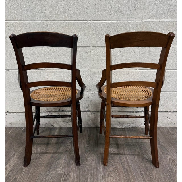 Brown Antique Victorian Curved Ladder Back Hand Caned Armchairs - Pair For Sale - Image 8 of 11