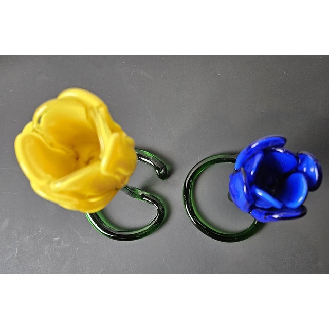 Murano Vintage MCM Murano Style HandBlown Yellow &Colbalt Blue Tulips Figurine-Set of 2 For Sale - Image 4 of 6