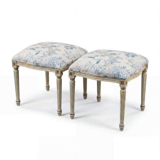 1970s French Louis XVI Style Painted Ottomans W/ Blue & White Linen Upholstery - Pair For Sale - Image 5 of 6