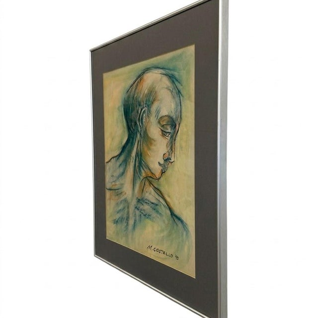 Vintage Mid Century Modern '90 Pastel Portrait Drawing Signed M. Costello, Framed Original Artwork.. For Sale - Image 4 of 7