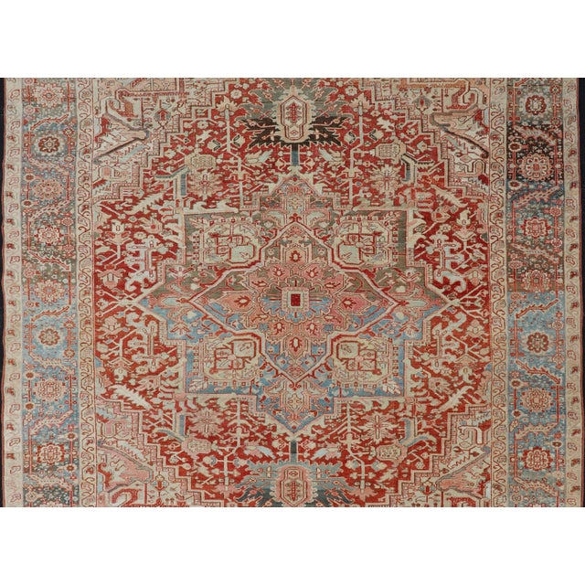 Antique Persian Heriz Rug With Central Medallion in Red and Blue 9'7 X 12'10 For Sale - Image 12 of 16