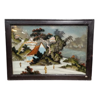 19th Century Asian Landscape Fixed Under Glass, 1890s-1910s For Sale