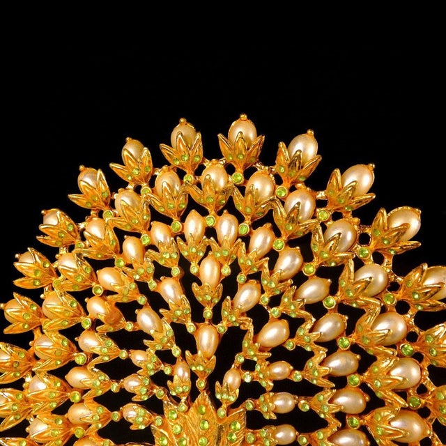 Late 20th Century Vintage Gilt Metal Peacock Figurine With Faux Pearls & Green Stones - 345g For Sale - Image 5 of 9
