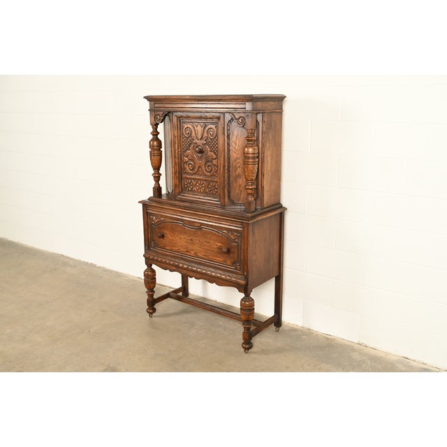 Bernhardt Bernhardt Furniture Antique English Jacobean Carved Oak Bar Cabinet, Circa 1930s For Sale - Image 4 of 16