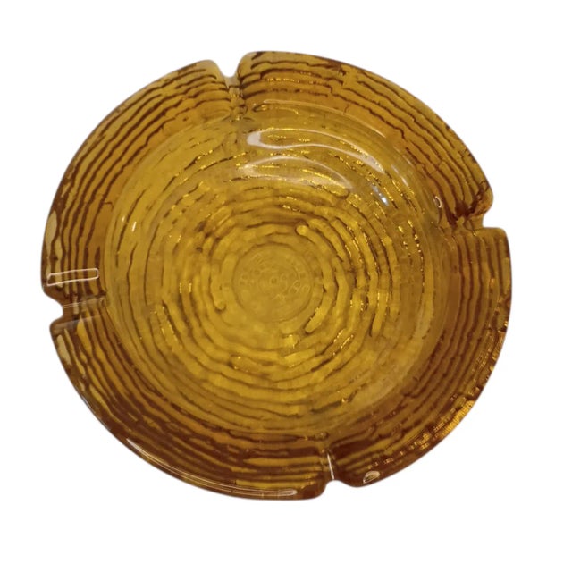 Vintage MCM Honey Golden Amber Glass Round Ripple Ashtray Trinket Dish or Catchall 6.5" Anchor Hocking Approximately 6.5"...