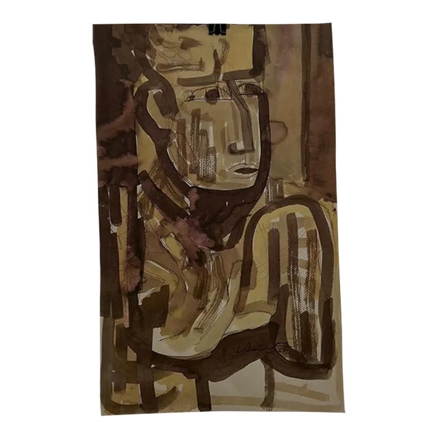 Mid 20th Century Beautiful Brown Face Watercolor Ink on Paper Signed 1967 For Sale