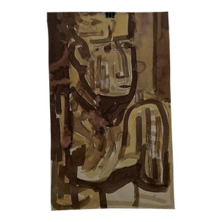 Stylized Brown Portrait Watercolor, Signed Circa 1967, 10.5x17 Inches For Sale