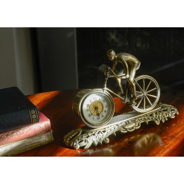 Antique Brass Cyclist Bicycle Clock British United Clock Co Victorian Working For Sale - Image 12 of 14