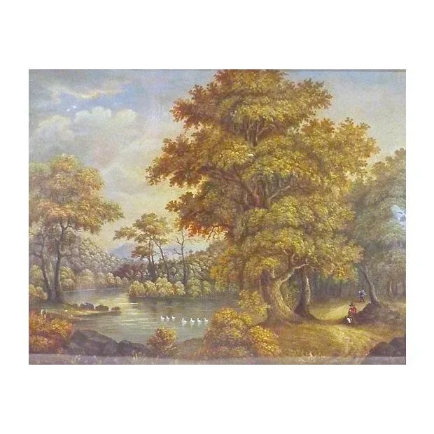 Antique; 19th century, French, gouache, lakeside, landscape painting with giltwood frame and wood panel back. Depicts a...
