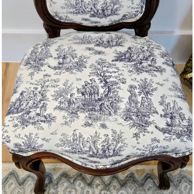 Brown Vintage French Country Carved Walnut Toile De Jouy Upholstered Accent Chair For Sale - Image 8 of 12
