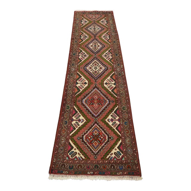 Hamedan Runner 2’7” X 9’2” Pink Wool Vintage Tribal Hand-Knotted Oriental Rug For Sale