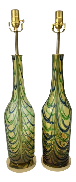 Italian Amber Glass Drape Pattern Lamps - a Pair