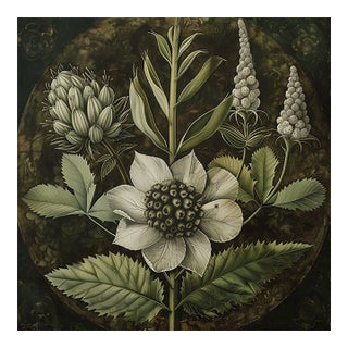 18" X 18" Original Botanical Fine Art Print - Dark Green Grisaille For Sale