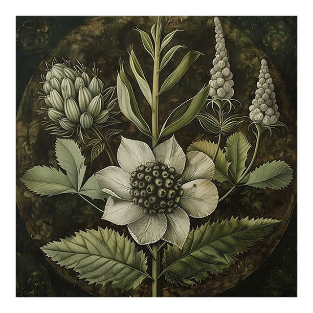 18" X 18" Original Botanical Fine Art Print - Dark Green Grisaille For Sale