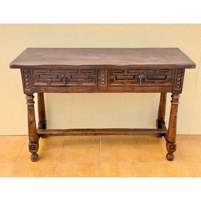 Brown Spanish Walnut Console Table with Geometric Carved Drawers, 1920s For Sale - Image 8 of 17