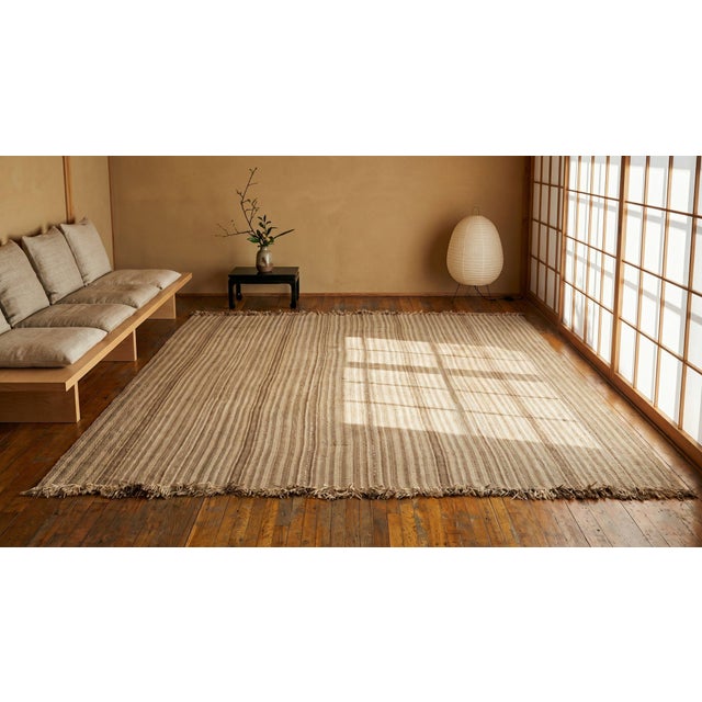Camel 1930s Tan Camel Stripe Antique Kilim n.w. Persian Rug 10'10" X 11'3" Flatweave Wool Carpet For Sale - Image 8 of 9