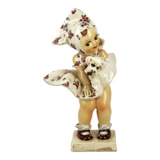 1950s Italian Torino Hand-Painted Glazed Ceramic Sculpture of a Girl With Dress and Dog Signed by C. Mollica For Sale