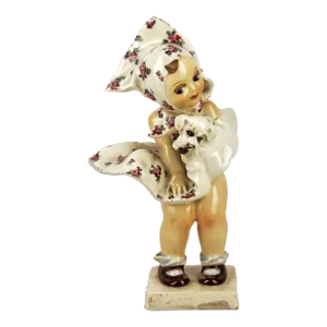 1950s Italian Torino Hand-Painted Glazed Ceramic Sculpture of a Girl With Dress and Dog Signed by C. Mollica