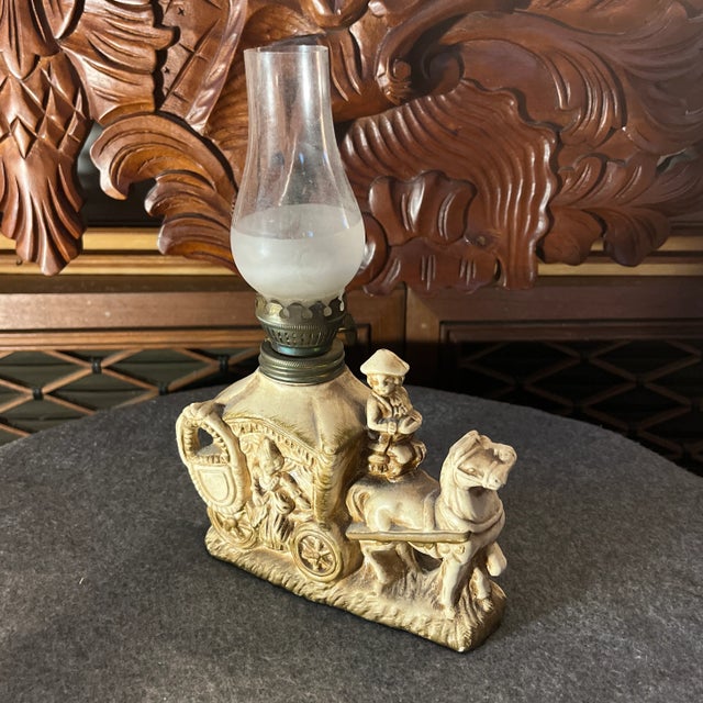 Ceramic Vintage Mid 20th Century Horse and Carriage Oil Lamp For Sale - Image 7 of 13