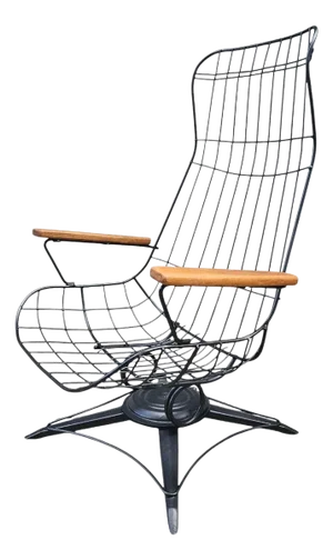 True One of One Vintage Homecrest High-Back Wire Lounge Chair With Custom Teak Armrests – Rare Vintage