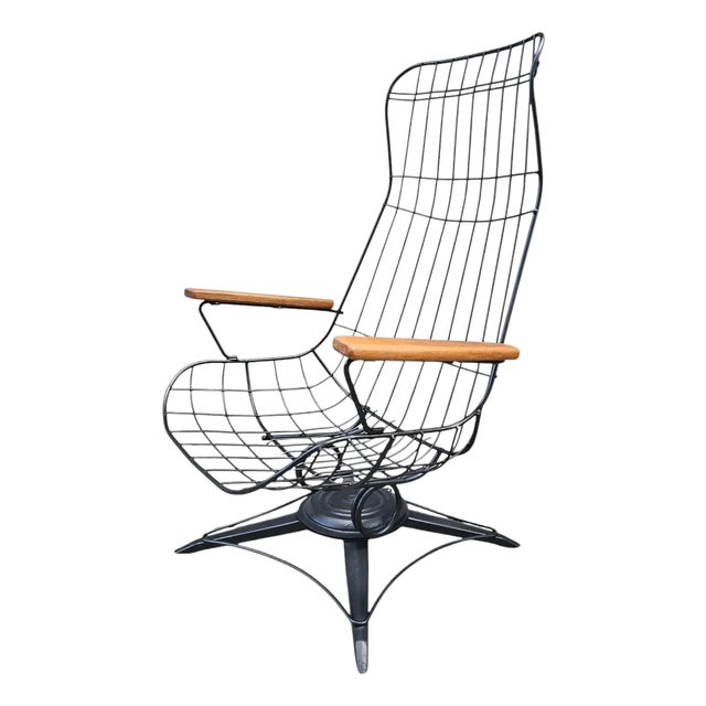 Vintage Homecrest High-Back Wire Lounge Mid-Century Modern Chair With Custom Teak Armrests – Rare Vintage For Sale