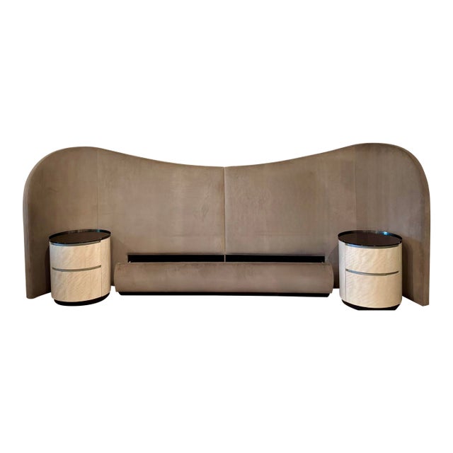 Caracole Modern Taupe Velvet Clio King Bed and Muse Nightstands Set of 3 For Sale