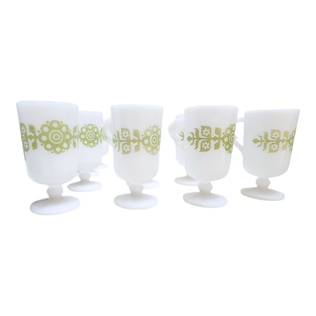 Set of 10 Glasbake Milk Glass Irish Coffee Mugs – Vintage Pedestal Cups For Sale