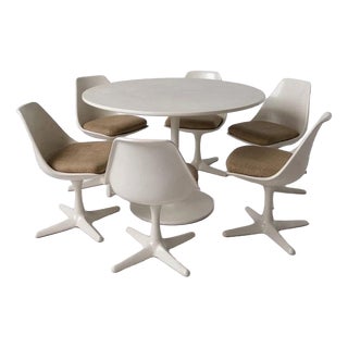 Tulip Dining Set with Round Pedestal Table and Swivel Chairs by Maurice Burke for Arkana, 1960s, Set of 7 For Sale