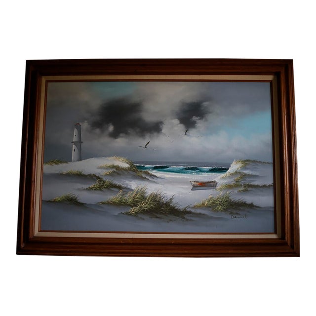 Mid-Century Moody Coastal Seascape Framed Oil Painting - Signed Daniel For Sale