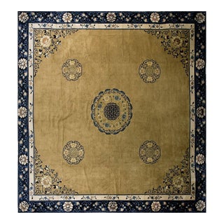 1920s Camel Field Swastika Antique Chinese Peking Knotted 13'4" X 14' Square Rug For Sale