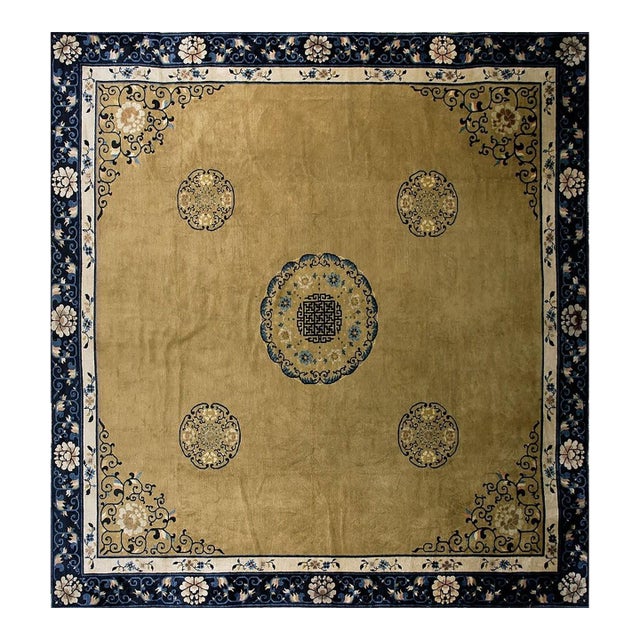 1920s Camel Field Swastika Antique Chinese Peking Knotted 13'4" X 14' Square Rug For Sale