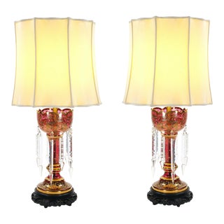 Exquisite Pair 19th Century Bohemian Lamp/Striking Cranberry/Gilt Gold Glass For Sale