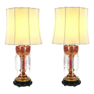 Exquisite Pair 19th Century Bohemian Lamp/Striking Cranberry/Gilt Gold Glass