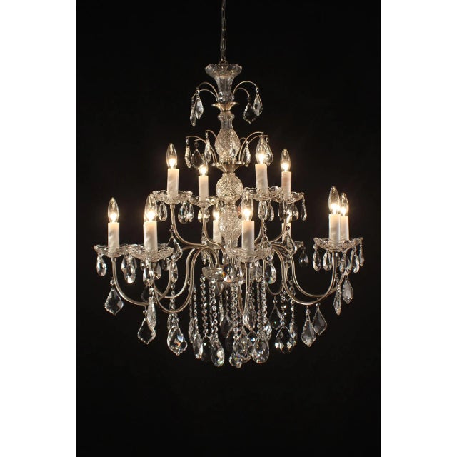 12 light, 2 tier Pewter Chandelier with Optic Quality Crystal Trim White Glass Candle Slips Optic quality crystal trim
