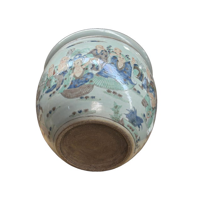 Vintage Oriental 18 Arhats Graphic Porcelain Round Pot Planter For Sale - Image 9 of 10
